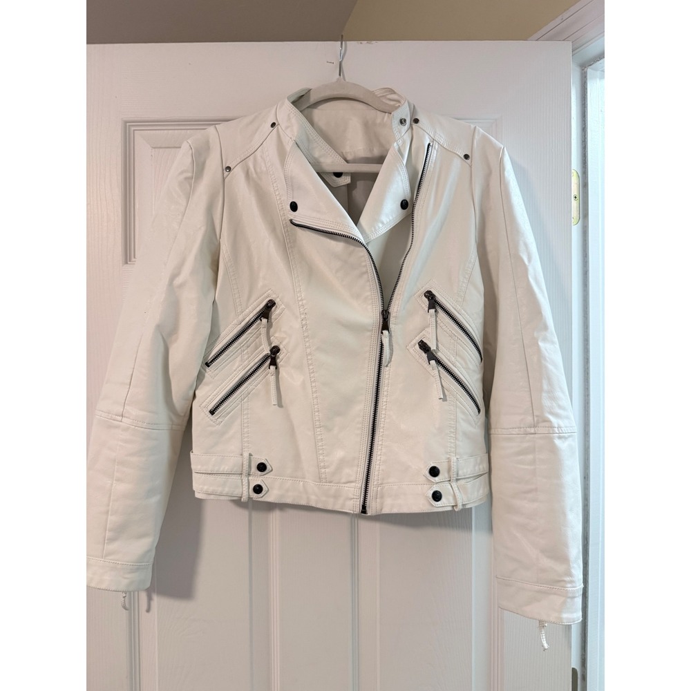 White Moto‎ Jacket Women's PU Faux Leather Biker Jacket Zip Front est Small